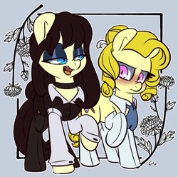 Size: 525x520 | Tagged: safe, artist:lou, imported from derpibooru, oc, oc:candice, oc:trish, earth pony, pony, clothes, collar, earth pony oc, eyeshadow, female, lawyer, makeup, mare, socks, suit