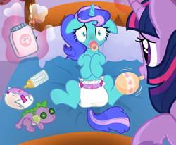 Size: 1456x1200 | Tagged: safe, artist:juicebarx, imported from derpibooru, twilight sparkle, oc, oc:aqua regia, pony, unicorn, baby bottle, diaper, diaper change, diaper fetish, female, fetish, horn, non-baby in diaper, show accurate, unicorn oc, urine, used diaper, wet diaper