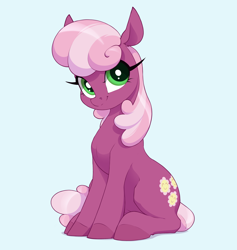 Size: 2430x2565 | Tagged: safe, artist:aquaticvibes, imported from derpibooru, cheerilee, earth pony, pony, blue background, cheeribetes, cute, female, looking at you, mare, simple background, sitting, smiling, solo