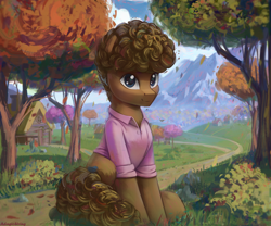 Size: 2400x2000 | Tagged: safe, artist:adagiostring, imported from derpibooru, oc, oc only, earth pony, pony, afro, autumn, commission, earth pony oc, forest, forest background, leaves, male, mountain, scenery, sitting, solo, stallion, tree