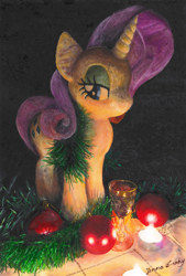 Size: 3302x4880 | Tagged: safe, artist:jennatwhy, imported from derpibooru, rarity, pony, unicorn, candle, christmas, christmas decoration, dark background, female, glass, high res, holiday, horn, looking at you, mare, new year, plushie, shot glass, signature, solo, traditional art, watercolor painting