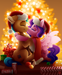 Size: 2900x3500 | Tagged: safe, artist:rainbowfire, imported from derpibooru, hitch trailblazer, pipp petals, earth pony, pegasus, pony, spoiler:g5, adorapipp, backwards cutie mark, ball, bauble, blushing, candy, candy cane, cap, chest fluff, christmas, christmas ornament, christmas tree, clothes, coca-cola, complex background, cute, daaaaaaaaaaaw, decoration, duo, eyes closed, female, floppy ears, food, g5, grin, hat, hitchpipp, holiday, hug, jewelry, kissing, kneeling, love, male, mare, open mouth, present, santa hat, scarf, shipping, smiling, soda can, spread wings, stallion, straight, tree, wings