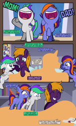 Size: 1920x3168 | Tagged: safe, artist:alexdti, imported from derpibooru, oc, oc only, oc:bright comet, oc:purple creativity, oc:star logic, oc:violet moonlight, pegasus, pony, unicorn, comic:quest for friendship, ^^, bed mane, blanket, book, bookshelf, clothes, colt, comic, dialogue, dress, excited, eyes closed, father and child, female, filly, floppy ears, foal, folded wings, glasses, grin, high res, hooves, horn, husband and wife, male, mare, mother and child, nose in the air, open mouth, open smile, pegasus oc, pillow, raised hoof, siblings, smiling, speech bubble, stallion, standing, tail, twins, two toned mane, two toned tail, underhoof, unicorn oc, volumetric mouth, wall of tags, wedding dress, wings