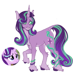 Size: 1000x1000 | Tagged: safe, artist:kazmuun, imported from derpibooru, starlight glimmer, classical unicorn, pony, unicorn, alternate design, chest fluff, cloven hooves, female, green eyes, leonine tail, simple background, smiling, solo, text, transparent background, unshorn fetlocks