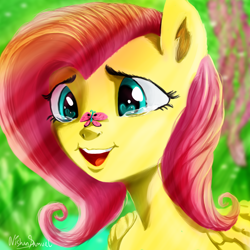 Size: 3000x3000 | Tagged: safe, artist:nishensamuelofficial, imported from derpibooru, fluttershy, butterfly, pegasus, pony, butterfly on nose, crying, female, insect on nose, open mouth, open smile, smiling, solo, tears of joy