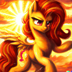 Size: 1024x1024 | Tagged: safe, imported from derpibooru, sunset shimmer, alicorn, pony, ai content, ai generated, alicornified, female, missing horn, race swap, shimmercorn, solo, sun, sunshine shimmer