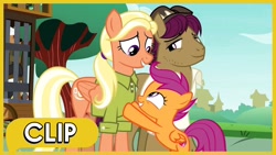 Size: 1280x720 | Tagged: safe, edit, edited screencap, imported from derpibooru, screencap, mane allgood, scootaloo, snap shutter, earth pony, pegasus, pony, the last crusade, cage, clothes, duckery in the description, female, filly, foal, male, mare, parent, shirt, stallion