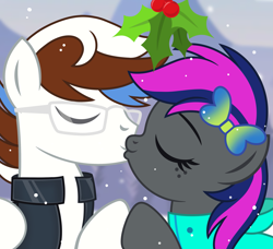 Size: 3289x3000 | Tagged: safe, artist:jennieoo, imported from derpibooru, oc, oc:cotton bun, oc:soul beat, pegasus, pony, commission, couple, duo, eyes closed, freckles, glasses, holding hooves, holly, holly mistaken for mistletoe, kiss on the lips, kissing, romantic, simple background, snow, snowfall, vector, ych example, ych result, your character here