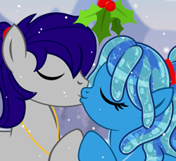 Size: 3289x3000 | Tagged: safe, artist:jennieoo, imported from derpibooru, oc, oc:maverick, oc:ocean soul, earth pony, pegasus, pony, commission, couple, duo, female, holding hooves, holly, holly mistaken for mistletoe, husband and wife, kiss on the lips, kissing, male, mare, married couple, ponytail, romantic, show accurate, simple background, snow, snowfall, soulverick, stallion, vector, ych example, ych result, your character here