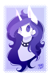 Size: 1999x2999 | Tagged: safe, artist:prettyshinegp, imported from derpibooru, oc, oc only, pony, unicorn, abstract background, bust, choker, ear fluff, female, horn, mare, signature, solo, spiked choker, unicorn oc