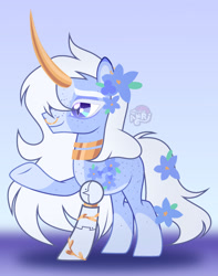 Size: 1280x1621 | Tagged: safe, artist:emperor-anri, imported from derpibooru, oc, oc only, pony, unicorn, amputee, blaze (coat marking), body freckles, coat markings, curved horn, facial markings, flower, flower in hair, freckles, horn, jewelry, male, necklace, nose piercing, nose ring, piercing, prosthetic leg, prosthetic limb, prosthetics, raised hoof, slit pupils, smiling, socks (coat markings), solo, stallion, thick eyebrows, underhoof, unicorn oc