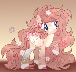 Size: 1280x1221 | Tagged: safe, artist:emperor-anri, imported from derpibooru, oc, oc only, pegasus, pony, blue eyes, bow, colored hooves, eyelashes, female, flower, flower in hair, folded wings, freckles, hair bow, long hair, long mane, looking sideways, mare, pastern (coat marking), pegasus oc, raised hoof, tail, tail bow, wings