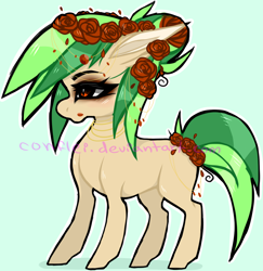 Size: 1116x1148 | Tagged: safe, artist:conflei, imported from derpibooru, oc, oc only, earth pony, pony, ear fluff, earth pony oc, eyelashes, flower, flower in hair, green background, makeup, rose, simple background, solo