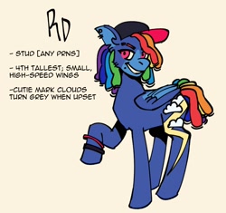 Size: 1578x1485 | Tagged: safe, artist:eumetopla, part of a set, rainbow dash, pegasus, pony, alternate hairstyle, dreadlocks, female, females only, full body, hat, mare, pronouns, redesign, simple background, smiling, solo, solo female, standing, text, twitterina design, wings, yellow background