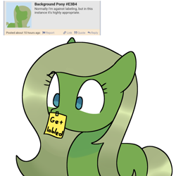 Size: 2048x2048 | Tagged: safe, artist:omelettepony, ponerpics exclusive, oc, oc only, earth pony, pony, comments, cute, derpibooru background pony icon, female, looking at something, mare, simple background, solo, sticky note, surprised, tape, text, white background