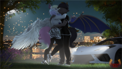 Size: 7680x4320 | Tagged: safe, artist:loveslove, imported from derpibooru, oc, oc only, anthro, bat pony, pegasus, plantigrade anthro, 3d, absurd file size, absurd resolution, bat ears, bat pony oc, bat wings, breasts, busty oc, car, clothes, duo, duo male and female, eyes closed, female, flower, hug, kissing, male, night, outdoors, pants, pegasus oc, shirt, shoes, sneakers, spread wings, tail, tree, vehicle, wings