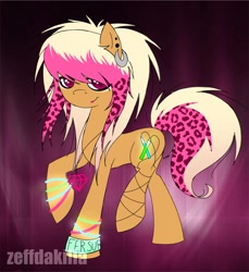 Size: 2250x2458 | Tagged: safe, artist:zeffdakilla, imported from derpibooru, oc, oc only, unnamed oc, earth pony, pony, abstract background, blonde hair, bracelet, ear piercing, earring, glowstick, jewelry, necklace, piercing, pink hair, raised hoof, raised leg, rave, raver, scene, scene kid, smiling, solo, standing