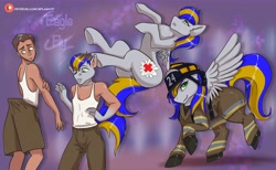 Size: 7471x4613 | Tagged: safe, artist:splashtf, imported from derpibooru, oc, oc only, human, pegasus, pony, clothes, female, helmet, male, mare, patreon, patreon logo, pegasus oc, shorts, transformation, transformation sequence, transgender transformation, wings