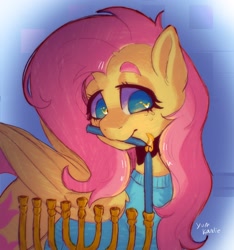 Size: 2494x2668 | Tagged: safe, artist:yumkandie, imported from derpibooru, fluttershy, pegasus, pony, candle, clothes, eye reflection, female, folded wings, freckles, hanukkah, head turned, high res, looking at something, mare, menorah, mouth hold, reflection, solo, sweater, sweatershy, wings