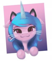 Size: 2000x2323 | Tagged: safe, artist:fladdrarblyg, imported from derpibooru, izzy moonbow, cat, pony, unicorn, :3, cat ears, cute, freckles, g5, izzybetes, looking at you, smiling, solo