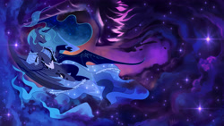 Size: 5760x3240 | Tagged: safe, artist:hilloty, imported from derpibooru, princess luna, tantabus, alicorn, clothes, creature, dress, female, space, stars