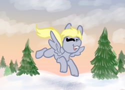 Size: 2100x1500 | Tagged: safe, artist:nootaz, imported from derpibooru, derpy hooves, pegasus, pony, eyes closed, flying, happy, open mouth, open smile, pine tree, smiling, snow, solo, spread wings, tree, wings, winter