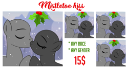 Size: 1200x654 | Tagged: safe, artist:jennieoo, imported from derpibooru, oc, commission, eyes closed, holly, holly mistaken for mistletoe, kissing, snow, snowfall, vector, your character here