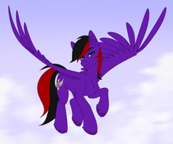 Size: 2551x2125 | Tagged: safe, artist:enderbee, imported from derpibooru, oc, oc only, pegasus, pony, blue eyes, cloud, colored, commission, flat colors, flying, full body, multicolored hair, simple background, sketch, smiling