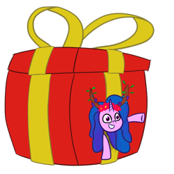 Size: 2048x2048 | Tagged: safe, artist:knife smile, imported from derpibooru, izzy moonbow, unicorn, antlers, box, female, g5, looking at you, mare, present, simple background, solo, the izzy box, transparent background