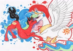 Size: 4608x3203 | Tagged: safe, artist:evil_little_aid, imported from derpibooru, princess celestia, oc, oc:royal cherry, alicorn, unicorn, canon x oc, couple, cute, emaciated, female, kissing, male, nudity, ponysona, sheath, skinny, traditional art