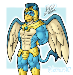 Size: 595x610 | Tagged: safe, artist:alexmauro407, imported from derpibooru, gallus, anthro, griffon, the last problem, arm behind back, armor, gallifts, helmet, looking at you, male, muscles, muscular male, older, older gallus, royal guard, royal guard gallus, sexy, solo, spread wings, stupid sexy gallus, unconvincing armor, wings