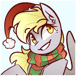 Size: 4500x4500 | Tagged: safe, artist:pointdelta, imported from derpibooru, derpy hooves, pegasus, pony, blue background, bust, christmas, clothes, cyan background, grin, hat, holiday, portrait, santa hat, scarf, simple background, smiling, solo, striped scarf