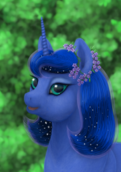 Size: 1200x1702 | Tagged: safe, artist:soobel, imported from derpibooru, princess luna, alicorn, pony, bust, chubby, female, flower, flower in hair, looking at you, mare, open mouth, portrait