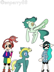 Size: 3000x4000 | Tagged: safe, artist:enperry88, imported from derpibooru, end zone, ocarina green, earth pony, inkling, pegasus, pony, aloha shirt, cap, clothes, collaboration, collage, crossover, dadfoot sandals, devil horn (gesture), enperry (splatoon), flip flops, flying, friendship student, gesture, hat, headphones, inkling girl, looking at each other, looking at someone, octoling, octoling girl, shirt, shoes, simple background, skalop (splatoon), splatoon, splatoon 3, spread wings, transparent background, wings, zink (splatoon)