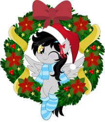 Size: 4320x5000 | Tagged: safe, artist:jhayarr23, imported from derpibooru, oc, oc only, oc:lightning dee, pegasus, pony, bow, christmas, clothes, colored sclera, commission, ear bow, fangs, female, hat, holiday, mare, one eye closed, santa hat, scarf, simple background, sitting, socks, solo, spread wings, striped socks, transparent background, wings, wink, wreath, ych result