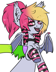 Size: 633x804 | Tagged: safe, artist:twiggy doodle, imported from derpibooru, oc, oc only, oc:batty bliss, bat pony, pony, bat pony oc, bat wings, chest fluff, clothes, collar, ear fluff, ear piercing, piercing, simple background, socks, spread wings, striped socks, transparent background, wings
