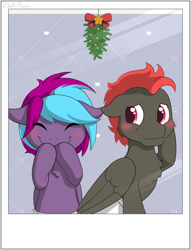 Size: 1142x1496 | Tagged: safe, artist:binkyroom, imported from derpibooru, oc, oc:cloud twist, pegasus, pony, blushing, christmas, cute, eyes closed, holiday, mistleholly, photo, picture, polaroid, shy, smiling, timid