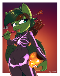 Size: 2480x3157 | Tagged: safe, artist:felixf, imported from derpibooru, oc, oc:windy barebow evergreen, anthro, pegasus, archery, arrow, bow (weapon), breasts, candy, clothes, commission, costume, eating, female, food, halloween, holiday, jack-o-lantern, licking, lollipop, pumpkin, quiver, skeleton costume, skintight clothes, solo, tongue out, wings