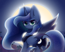 Size: 2500x2000 | Tagged: safe, artist:miryelis, imported from derpibooru, princess luna, alicorn, pony, flower, horn, long hair, looking at you, moon, night, sky, smiling, smiling at you, solo, standing, stars, wings