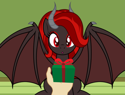 Size: 2753x2100 | Tagged: safe, artist:badumsquish, derpibooru exclusive, imported from derpibooru, oc, oc:kim stone, bat pony, demon, demon pony, human, monster pony, original species, pony, :o, bat wings, bow, box, christmas presents, duo, eyeliner, eyes on the prize, eyeshadow, female, hand, house, looking at something, makeup, mare, offscreen character, open mouth, pov, present, red eyes, ribbon, sitting, slit pupils, spread wings, surprised, wholesome, wings