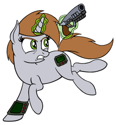 Size: 1000x1080 | Tagged: safe, artist:roseluck, derpibooru exclusive, imported from derpibooru, oc, oc only, oc:littlepip, pony, unicorn, fallout equestria, 12.7mm pistol, colored sketch, female, full body, glow, glowing horn, gritted teeth, gun, handgun, horn, looking back, magic, magic aura, mare, pipbuck, pistol, running, simple background, solo, tail, teeth, telekinesis, three quarter view, unicorn oc, weapon, white background