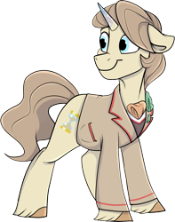 Size: 927x1175 | Tagged: safe, artist:rutkotka, imported from derpibooru, oc, oc only, oc:5th doctor, pony, unicorn, derpibooru community collaboration, 2023 community collab, clothes, commission, horn, jacket, male, simple background, smiling, solo, stallion, standing, sternocleidomastoid, transparent background, unicorn oc, your character here