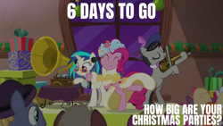 Size: 1920x1080 | Tagged: safe, edit, edited screencap, editor:quoterific, imported from derpibooru, screencap, dj pon-3, octavia melody, pinkie pie, spirit of hearth's warming presents, vinyl scratch, a hearth's warming tail, 6, phonograph, present, victrola scratch, wax cylinder