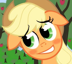 Size: 683x602 | Tagged: safe, artist:ponywarlord777, imported from derpibooru, applejack, earth pony, pony, adobe animate, apology, apple, apple tree, blushing, floppy ears, food, grin, nervous, nervous grin, puppy dog eyes, smiling, solo, tree