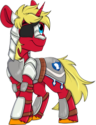 Size: 1053x1364 | Tagged: safe, imported from derpibooru, oc, oc only, oc:steel prism, derpibooru community collaboration, 2023 community collab, armor, eyepatch, male, simple background, smiling, solo, stallion, transparent background