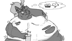 Size: 1120x630 | Tagged: safe, artist:vicktuals, imported from derpibooru, tempest shadow, anthro, unicorn, annoyed, belly, big belly, clothes, embarrassed, fat, female, monochrome, morbidly obese, obese, soda, solo, tempest blubber, torn clothes