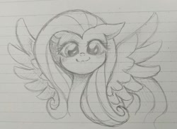 Size: 1381x1013 | Tagged: safe, artist:namaenonaipony, imported from derpibooru, fluttershy, pegasus, pony, cute, female, floppy ears, grayscale, lined paper, looking at you, mare, monochrome, pencil drawing, shyabetes, smiling, smiling at you, solo, spread wings, traditional art, wings