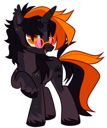 Size: 788x947 | Tagged: safe, artist:ghastlyexists, imported from derpibooru, oc, oc only, oc:hijinx, pony, unicorn, derpibooru community collaboration, 2023 community collab, ear fluff, fangs, freckles, long mane, mane, raised hoof, show accurate, simple background, solo, standing, tail, transparent background, unshorn fetlocks