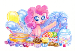 Size: 1448x1000 | Tagged: safe, artist:maytee, imported from derpibooru, part of a set, pinkie pie, earth pony, pony, balloon, candy, candy cane, cookie, cupcake, cute, diapinkes, food, lollipop, present, rock candy, rock candy necklace, simple background, smiling, solo, traditional art, white background