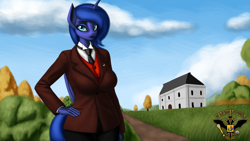 Size: 7680x4320 | Tagged: safe, artist:tsaritsaluna, imported from derpibooru, princess luna, alicorn, anthro, clothes, looking at you, necktie, solo, suit, tree